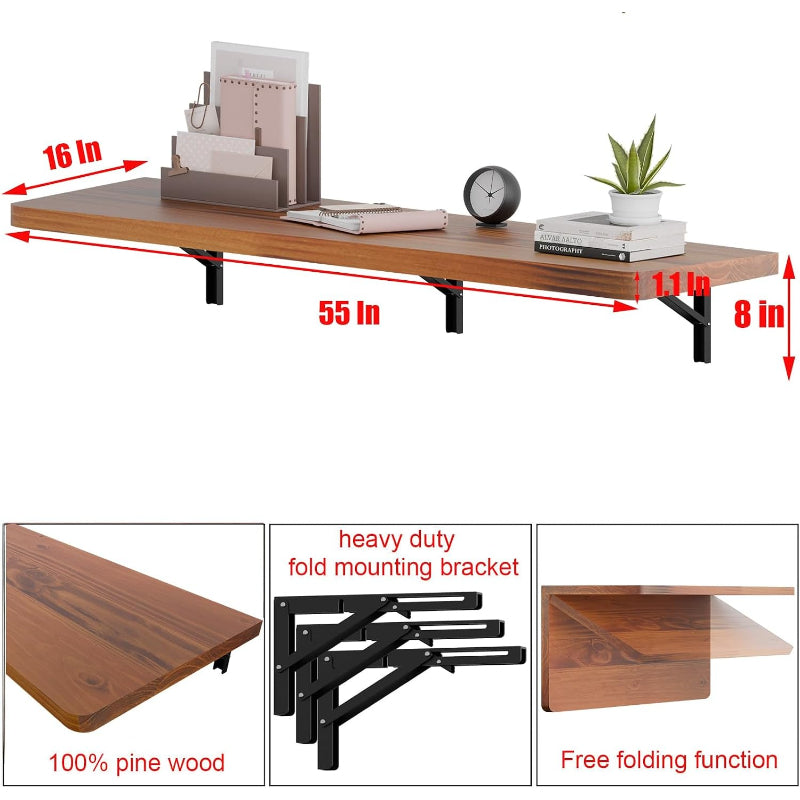 Teak Pine Wall‑Mounted Fold‑Down Floating Desk