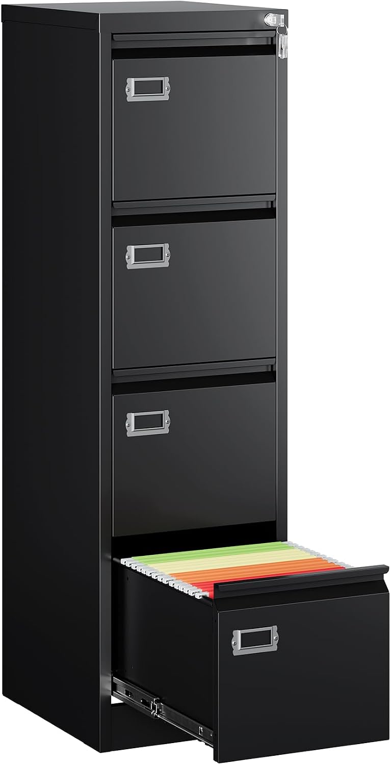 Black Lockable Metal 4‑Drawer Vertical File Cabinet