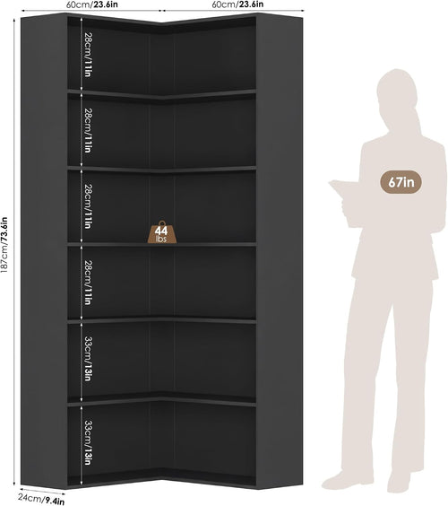 Black 6‑Tier L‑Shaped Corner Bookshelf
