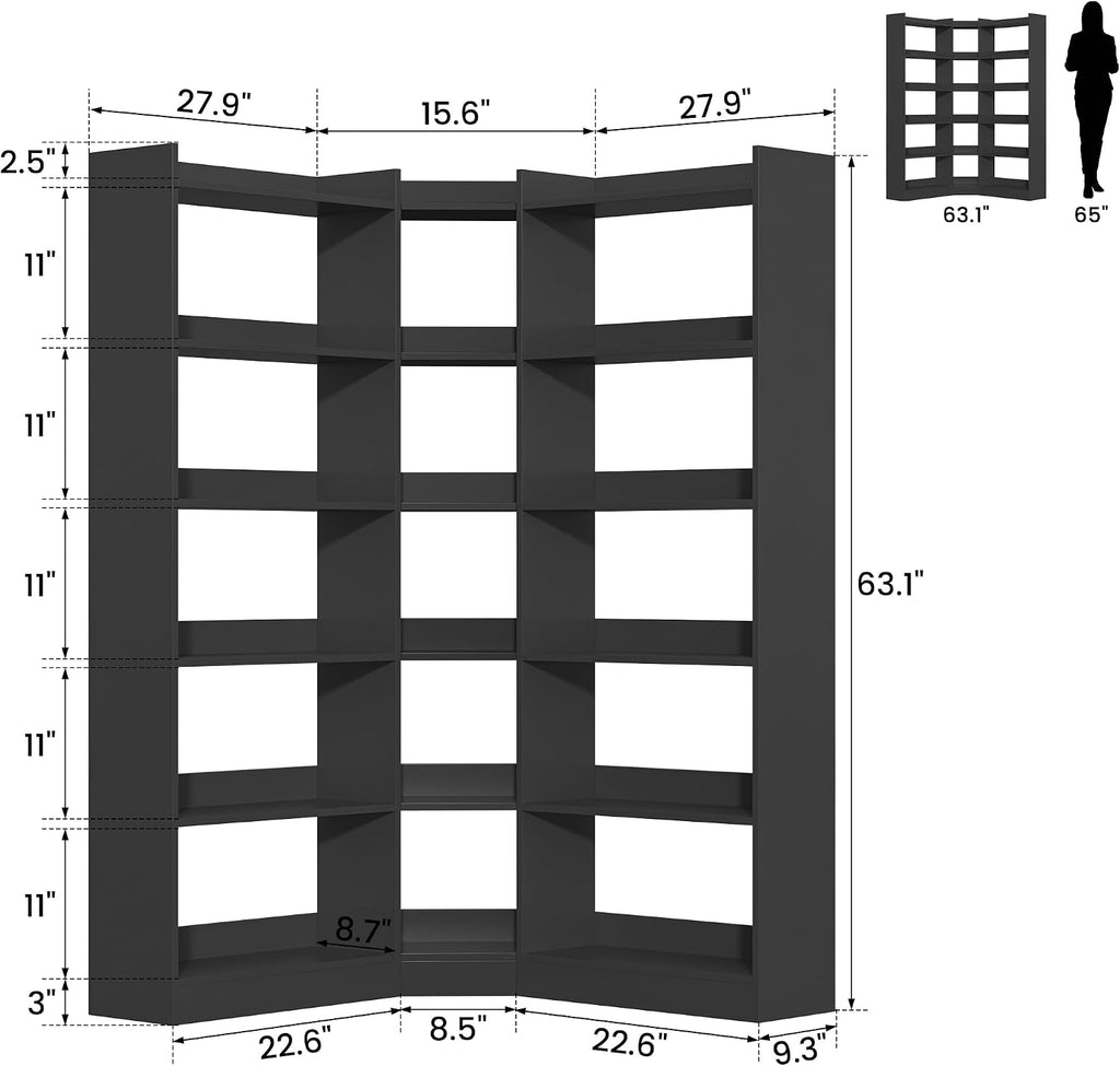 Black Industrial 6‑Tier L‑Shaped Corner Bookshelf with Baffle