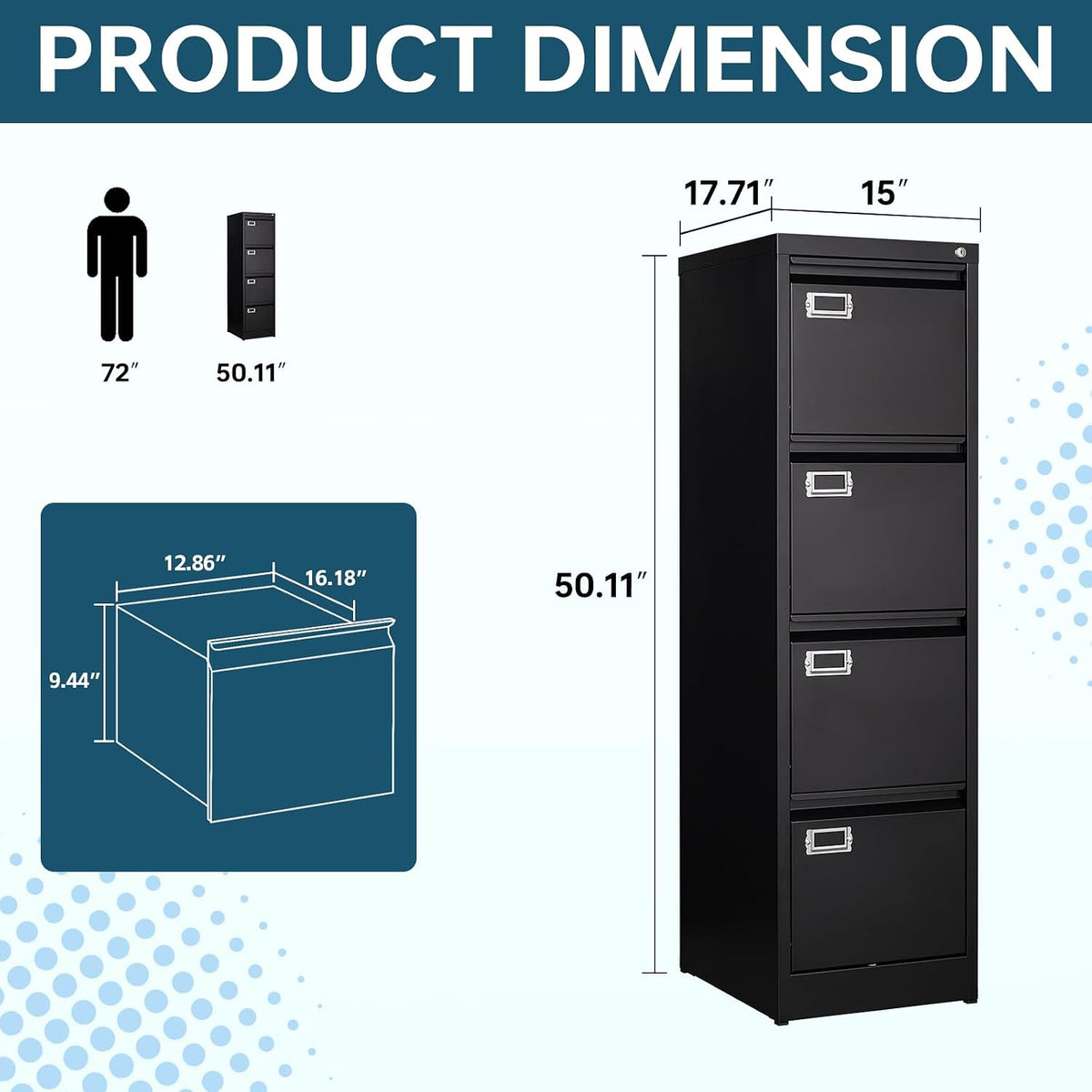 Black Lockable Metal 4‑Drawer Vertical File Cabinet