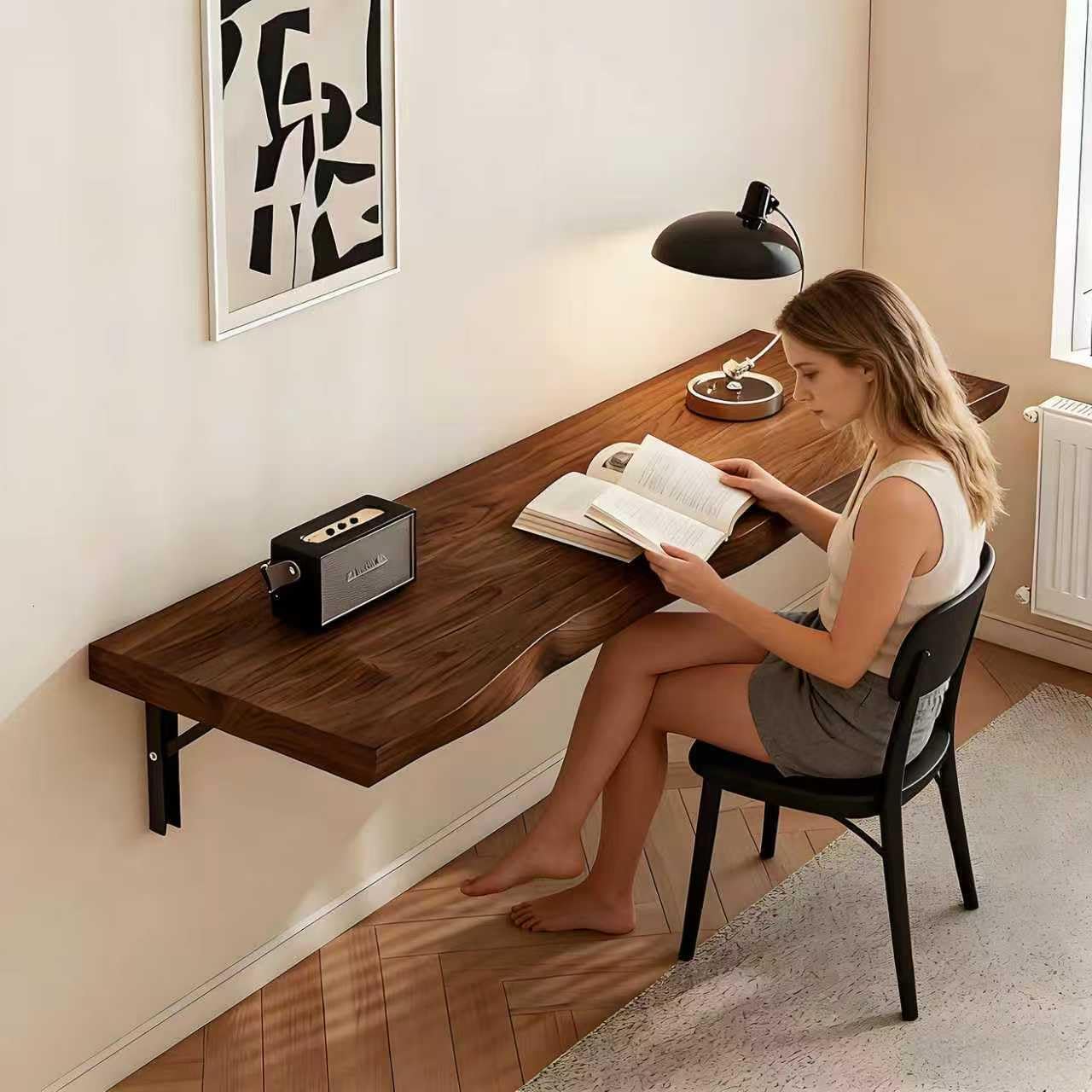 Solid Wood Wall‑Mounted Fold‑Down Floating Desk