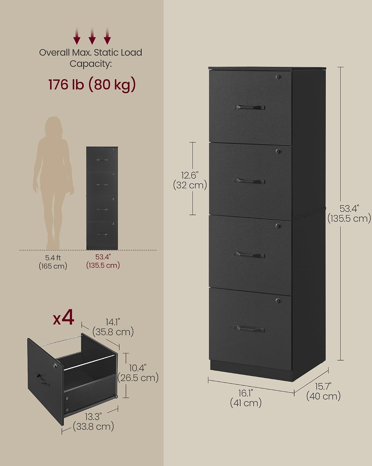 Ink‑Black Lockable 4‑Drawer Vertical File Cabinet