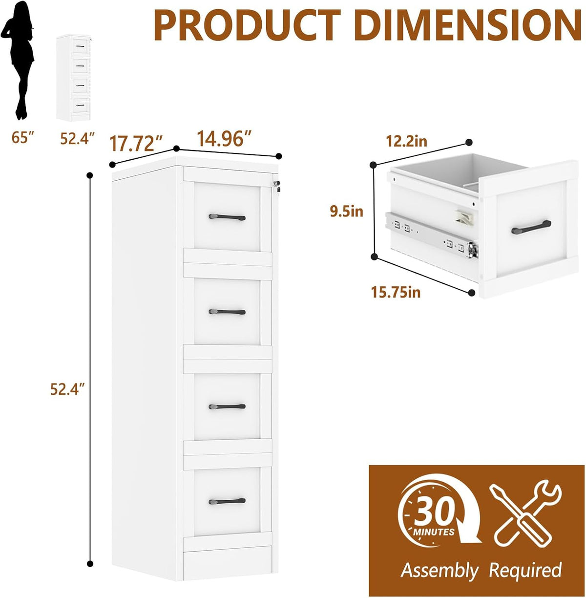 White Lockable Narrow Metal 4‑Drawer File Cabinet