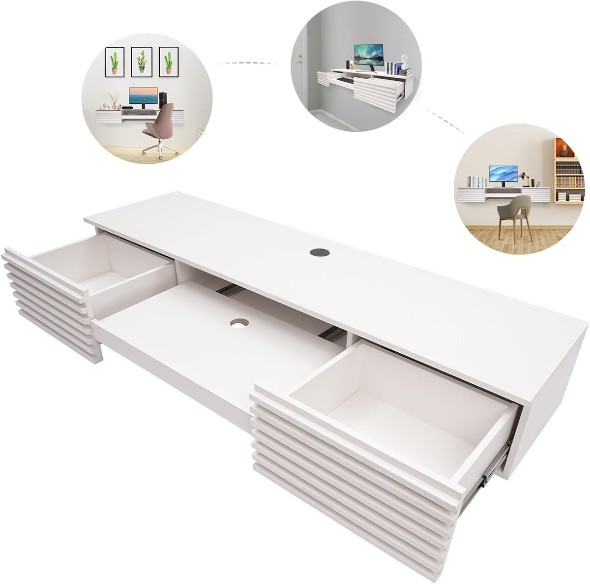 White Wall‑Mounted Floating Desk with Drawers & Keyboard Tray