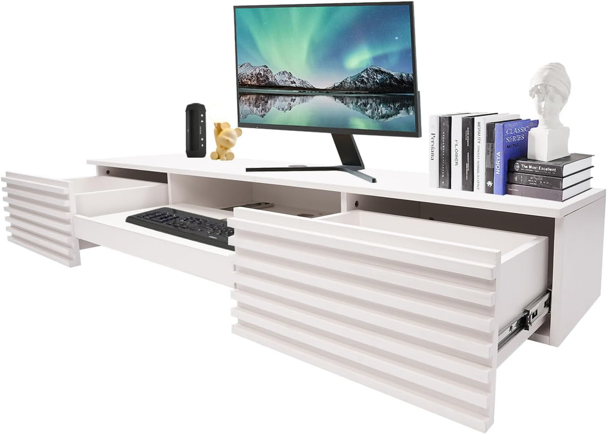 White Wall‑Mounted Floating Desk with Drawers & Keyboard Tray