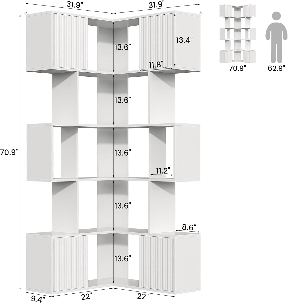 White L‑Shaped 5‑Tier Corner Cube Bookshelf