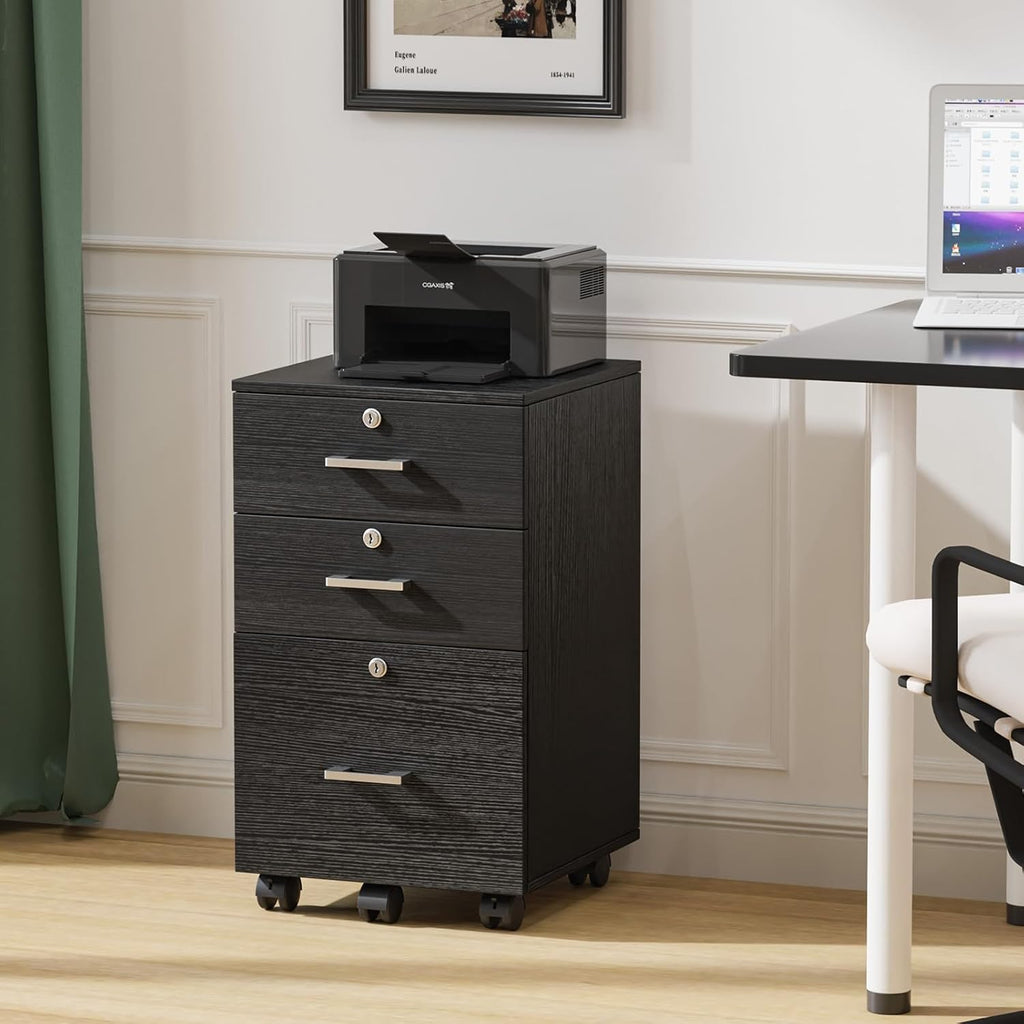 Black Rolling Wood File Cabinet with Lock & 3‑Drawers