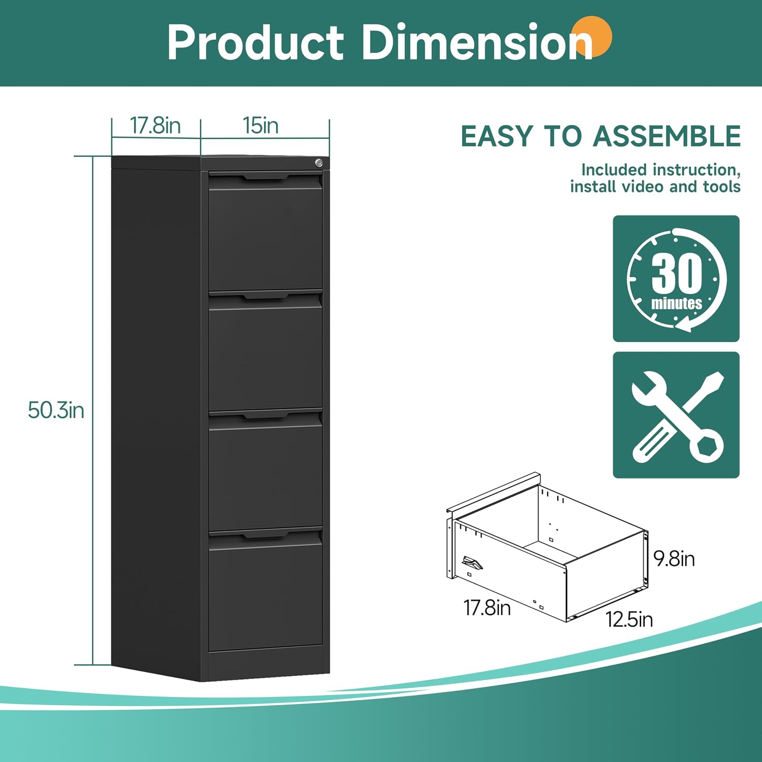Black Lockable Metal 4‑Drawer Vertical File Cabinet