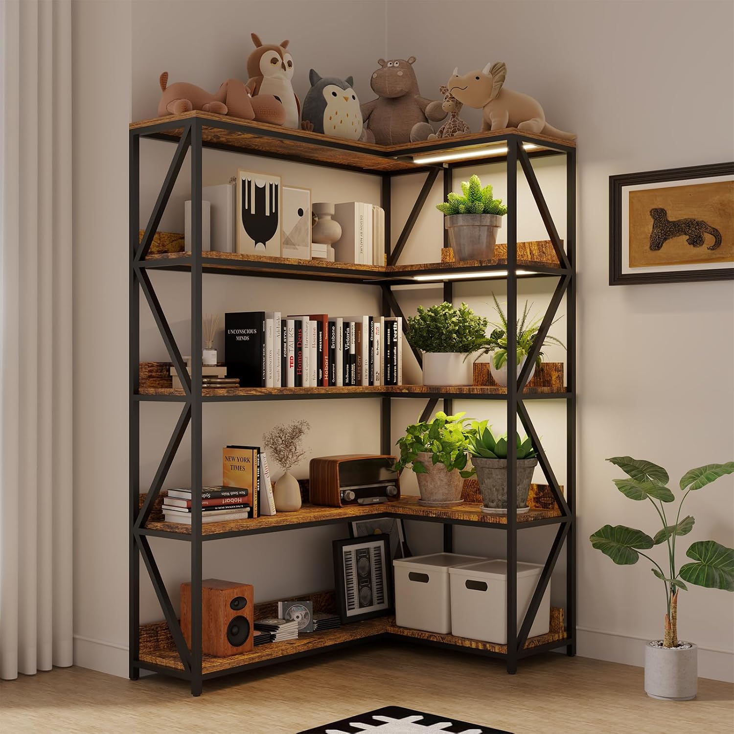 Convertible L‑Shaped 5‑Tier Corner Bookshelf with Grow Light