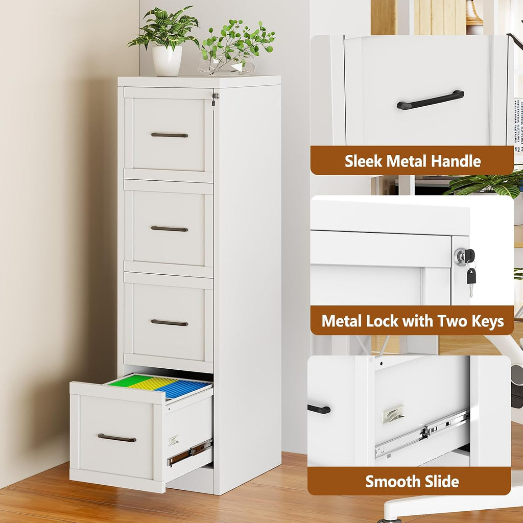 White Lockable Narrow Metal 4‑Drawer File Cabinet