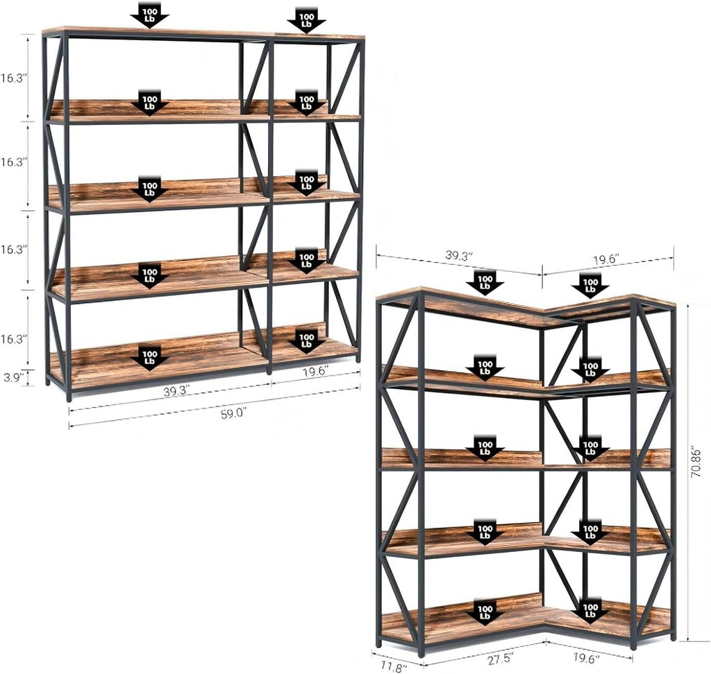 Convertible L‑Shaped 5‑Tier Corner Bookshelf with Grow Light