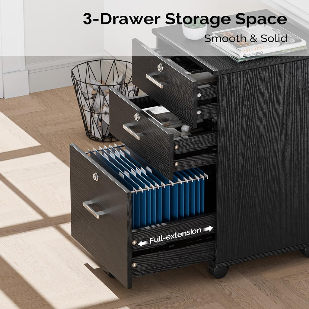Black Rolling Wood File Cabinet with Lock & 3‑Drawers