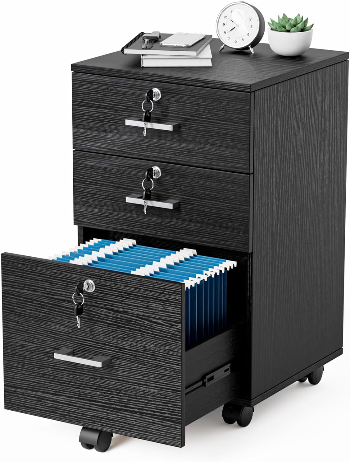 Black Rolling Wood File Cabinet with Lock & 3‑Drawers