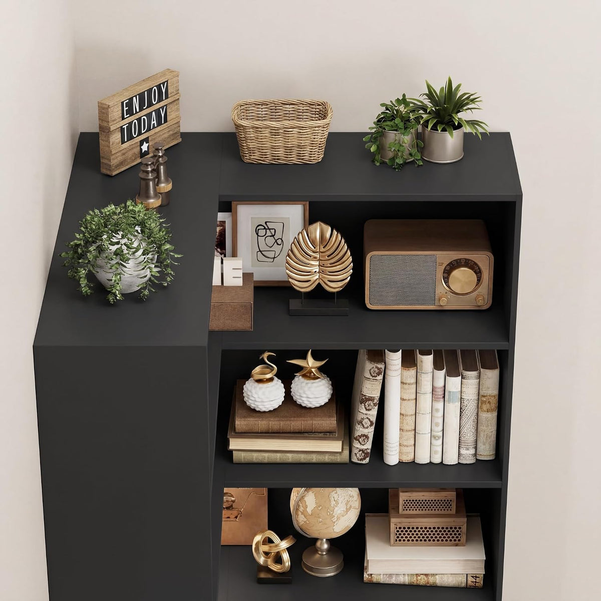 Black 6‑Tier L‑Shaped Corner Bookshelf