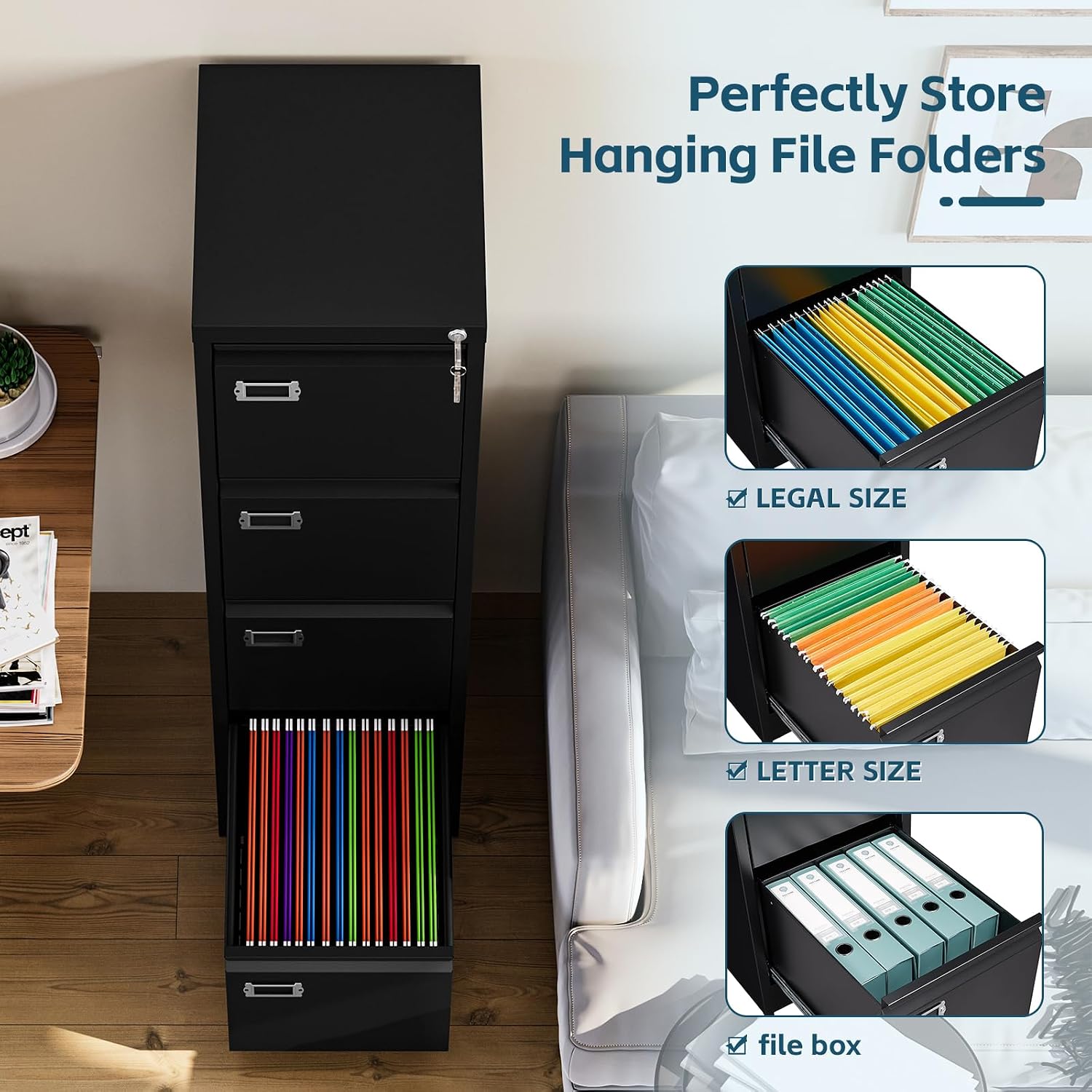 Black Lockable Metal 4‑Drawer Vertical File Cabinet