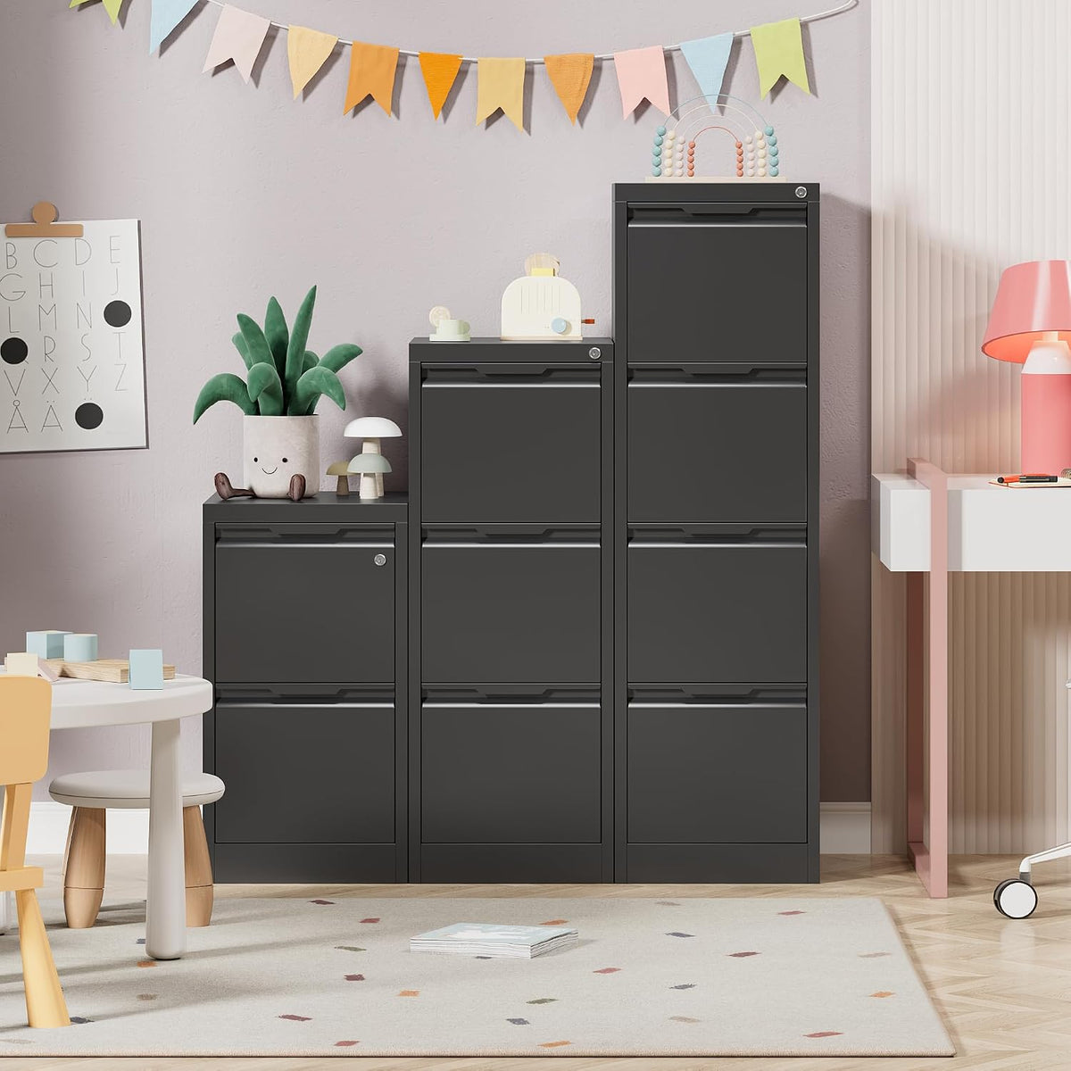 Black Lockable Metal 4‑Drawer Vertical File Cabinet