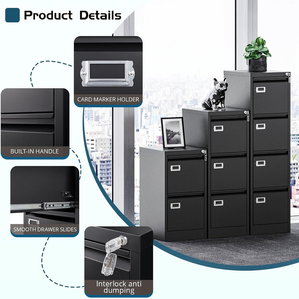 Black Lockable Metal 4‑Drawer Vertical File Cabinet