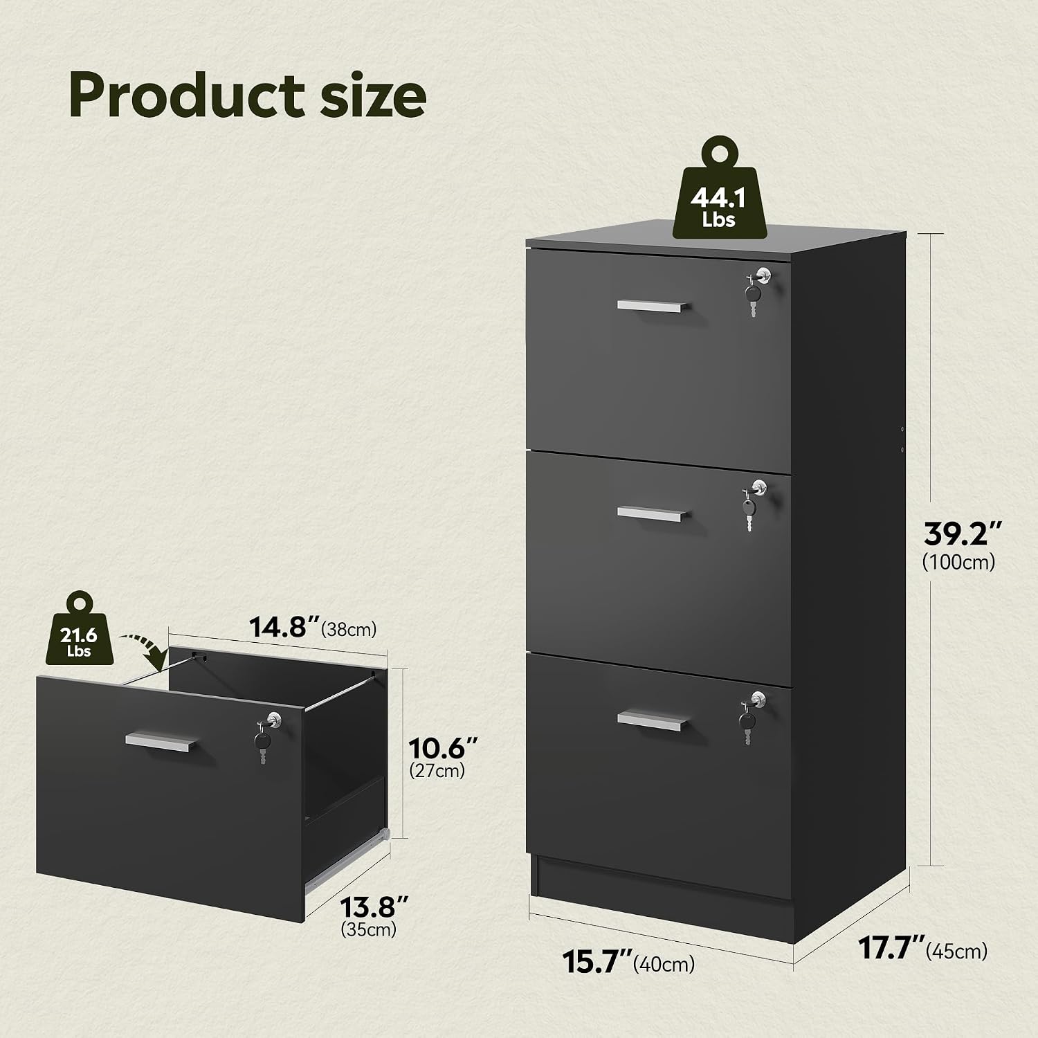 Black Lockable Wood 3‑Drawer File Cabinet