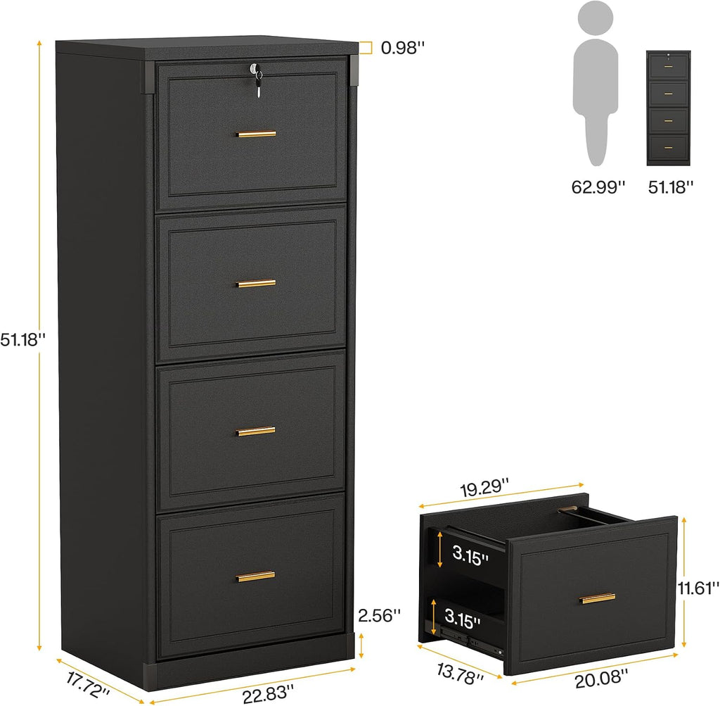 Black Lockable Wooden 4‑Drawer File Cabinet