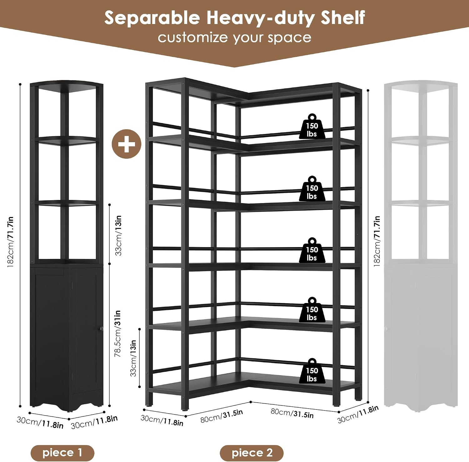 Black Reversible 6‑Tier L‑Shaped Corner Bookshelf with Cabinet