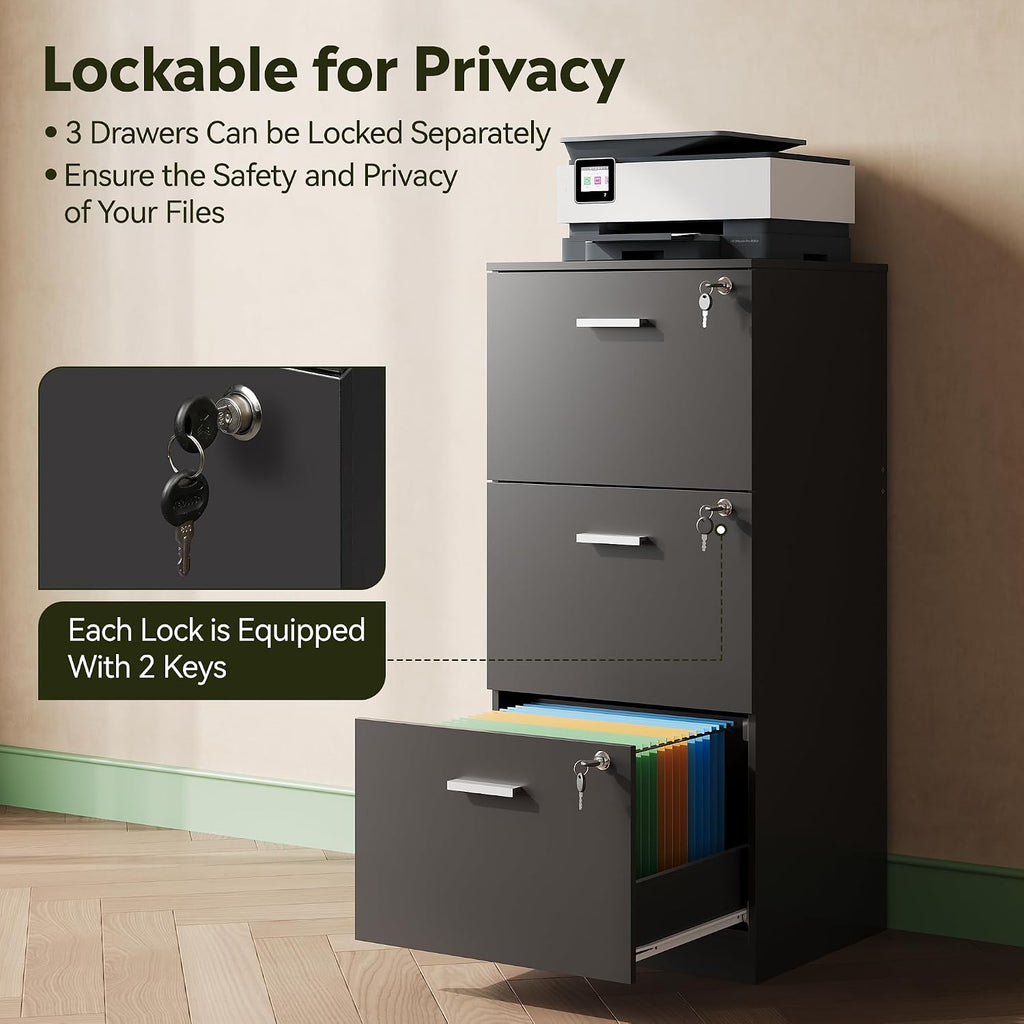 Black Lockable Wood 3‑Drawer File Cabinet