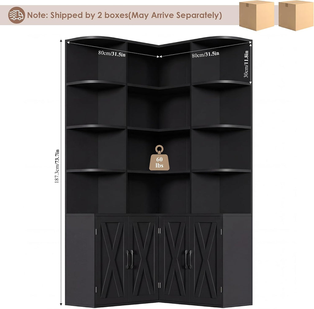 Black Farmhouse Tall Corner Bookshelf with Doors