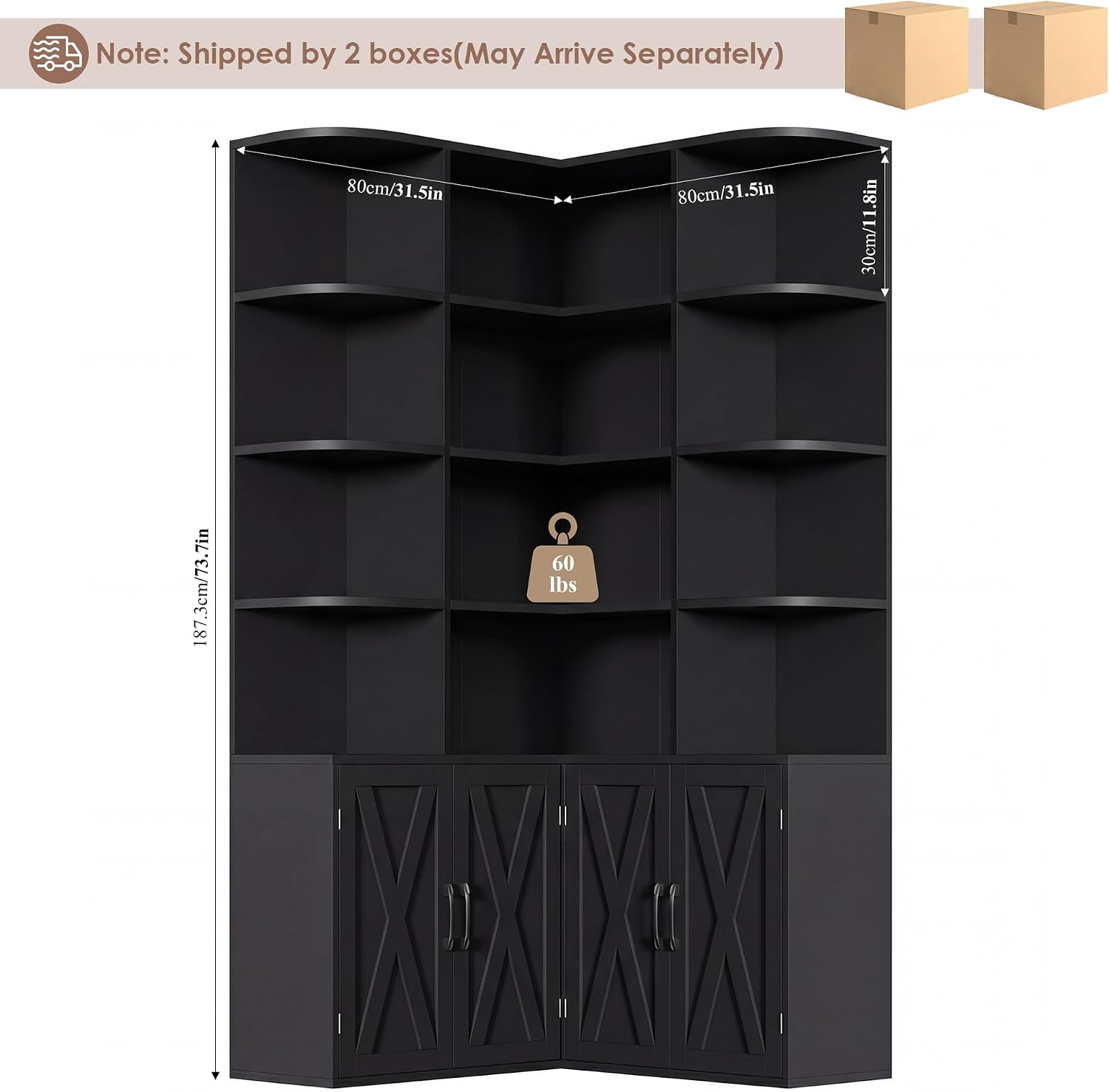 Black Farmhouse Tall Corner Bookshelf with Doors