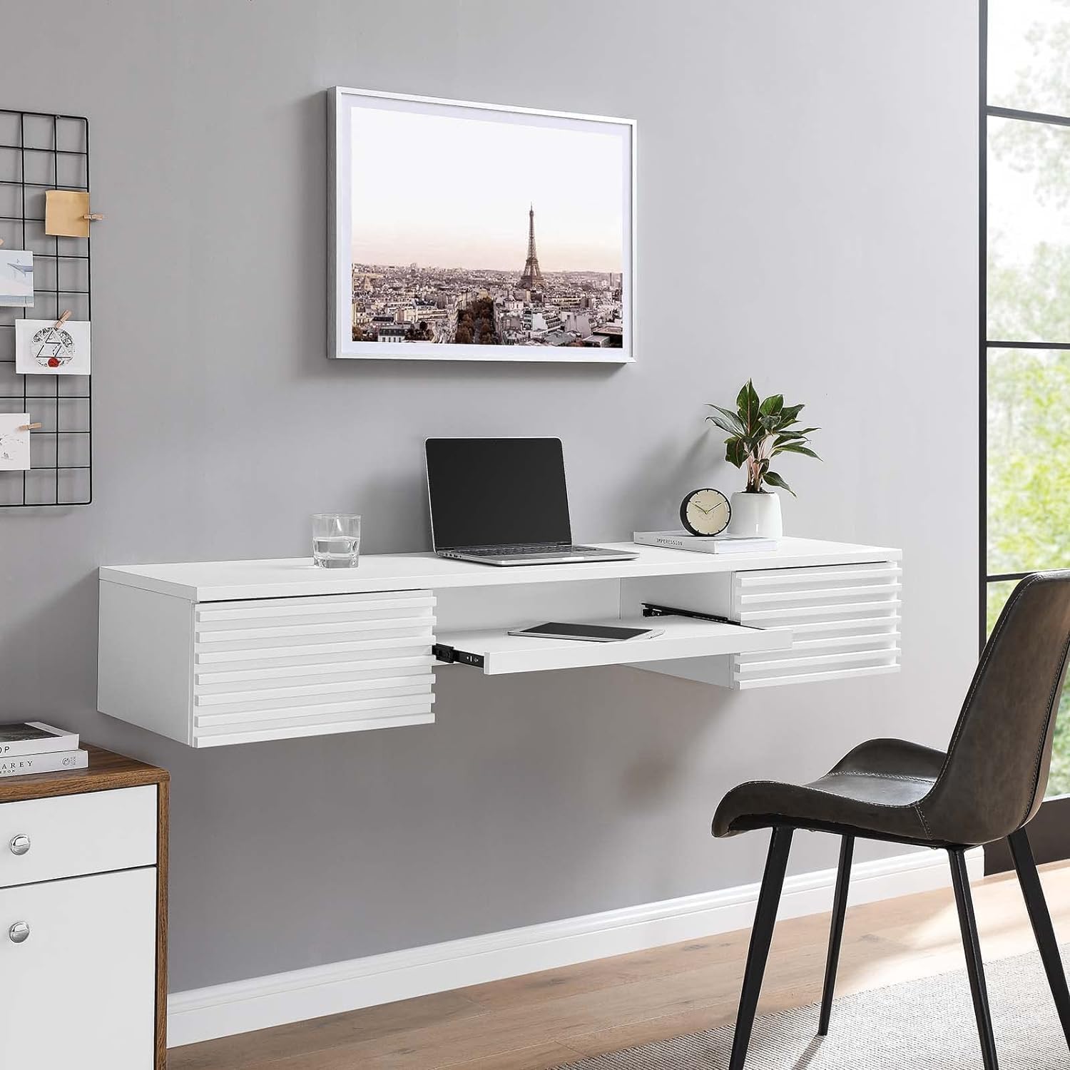 White Wall‑Mounted Floating Desk with Drawers & Keyboard Tray