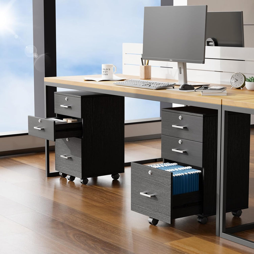 Black Rolling Wood File Cabinet with Lock & 3‑Drawers