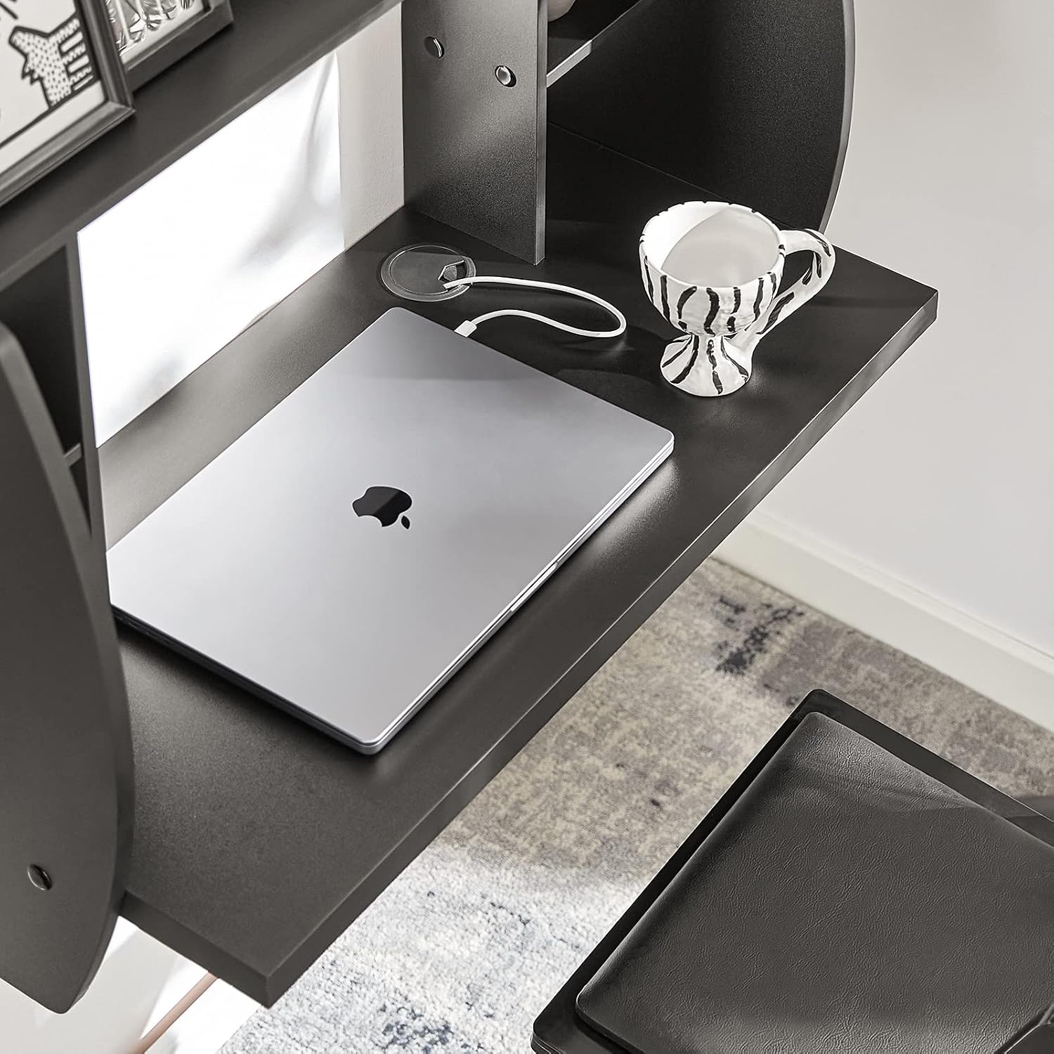 Black Wall‑Mounted Fold‑Down Desk with Storage Shelves