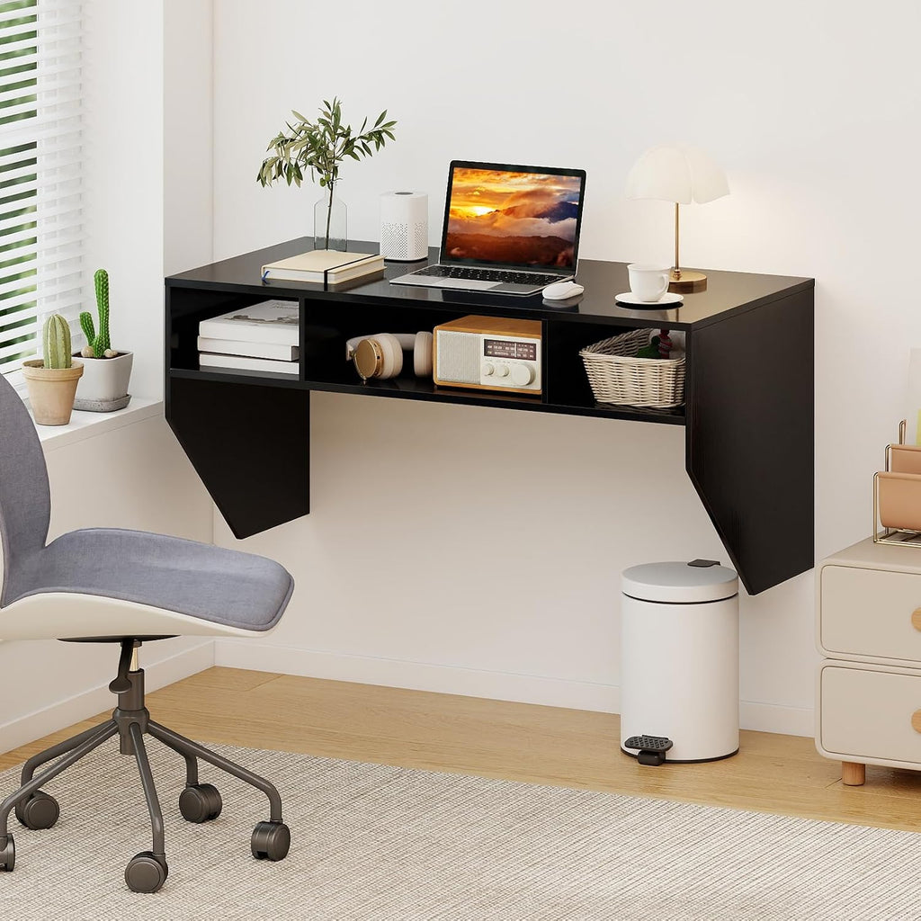 Black Wall‑Mounted Floating Desk with Storage Compartments