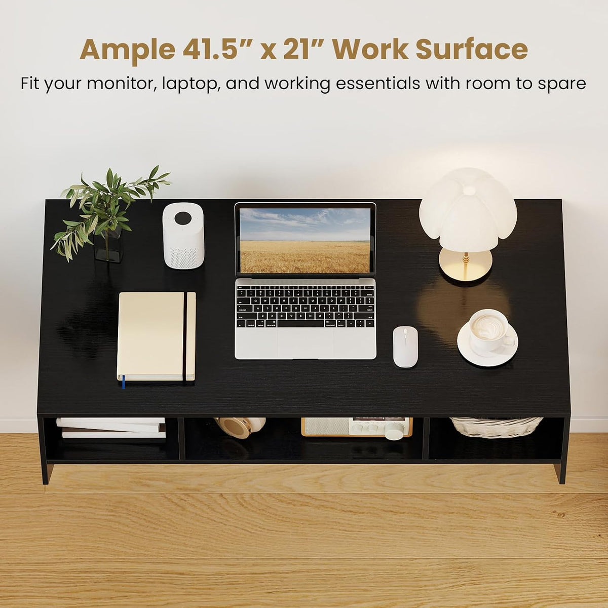 Black Wall‑Mounted Floating Desk with Storage Compartments