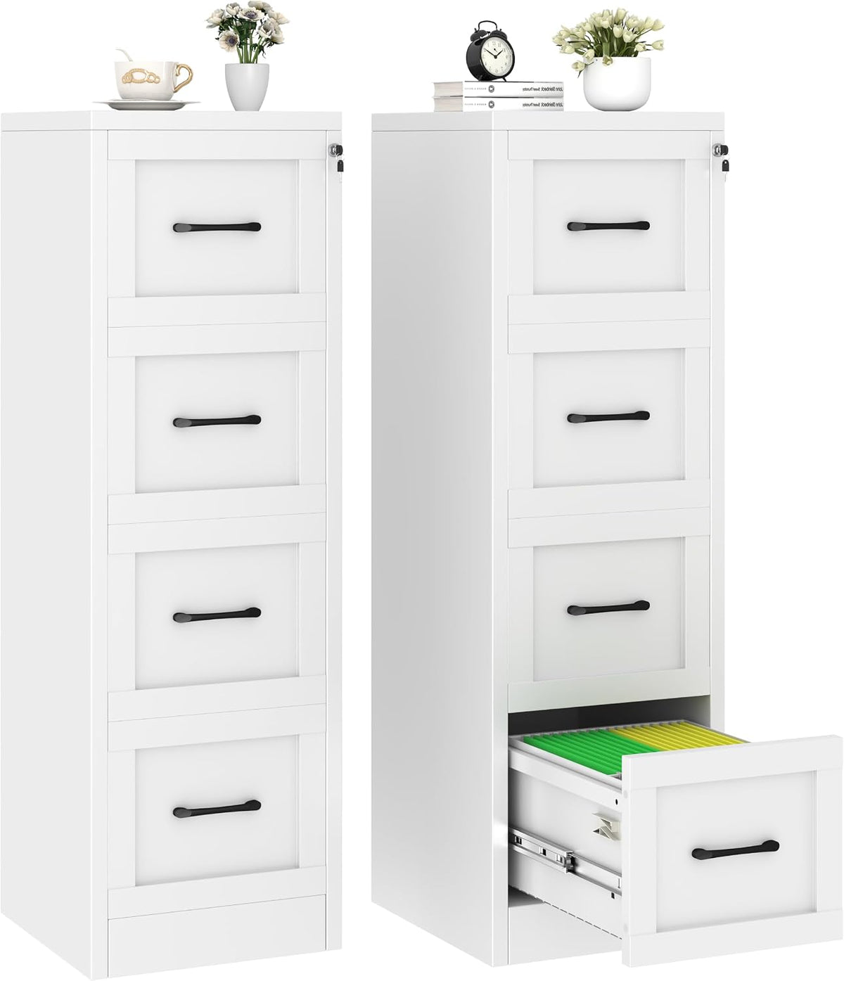 White Lockable Narrow Metal 4‑Drawer File Cabinet