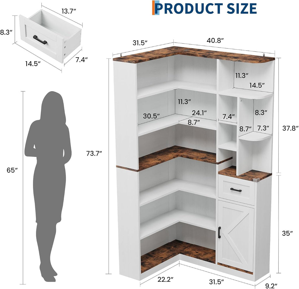 L‑Shaped 6‑Tier Corner Bookshelf with Drawer & Cabinets