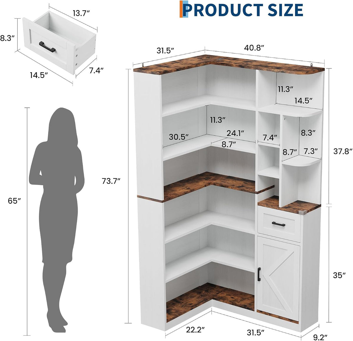 L‑Shaped 6‑Tier Corner Bookshelf with Drawer & Cabinets
