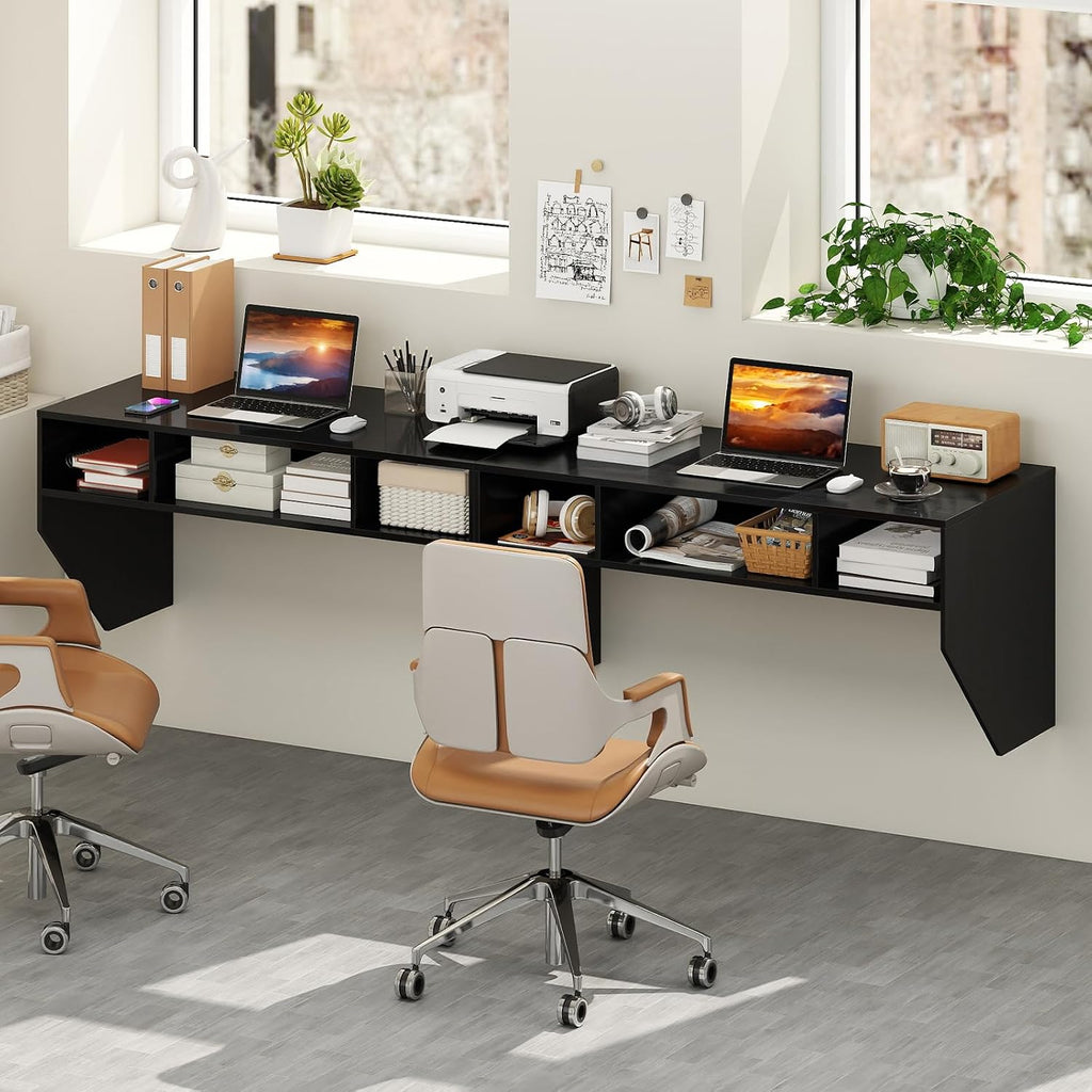 Black Wall‑Mounted Floating Desk with Storage Compartments