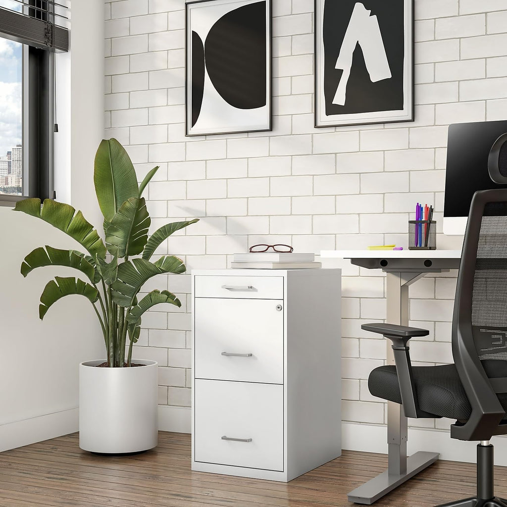 White Lockable Rolling 3‑Drawer Vertical File Cabinet