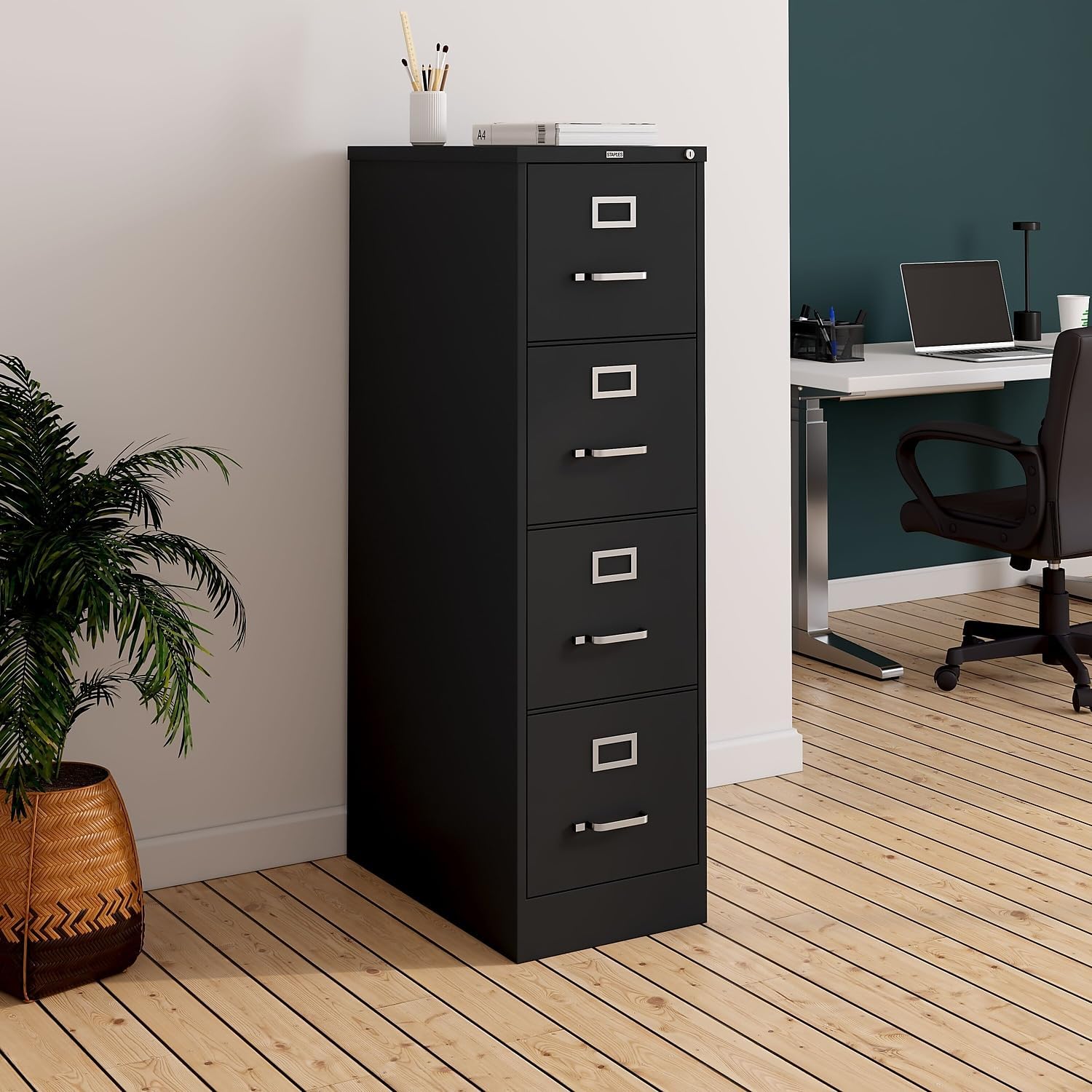 Black Lockable 4‑Drawer Vertical File Cabinet