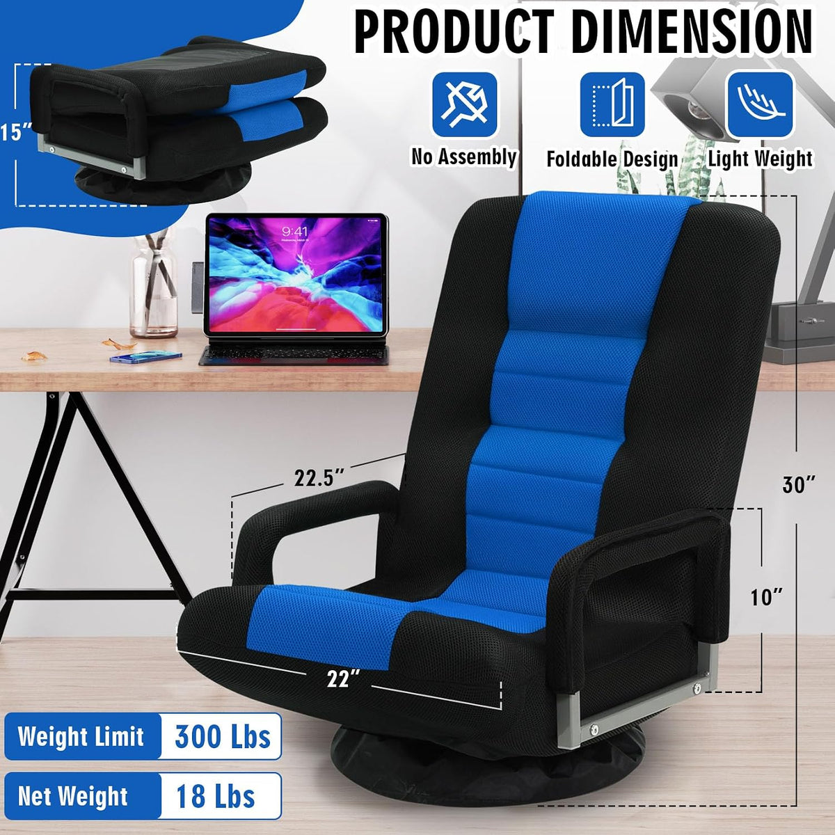 Blue Swivel Folding Floor Gaming Chair