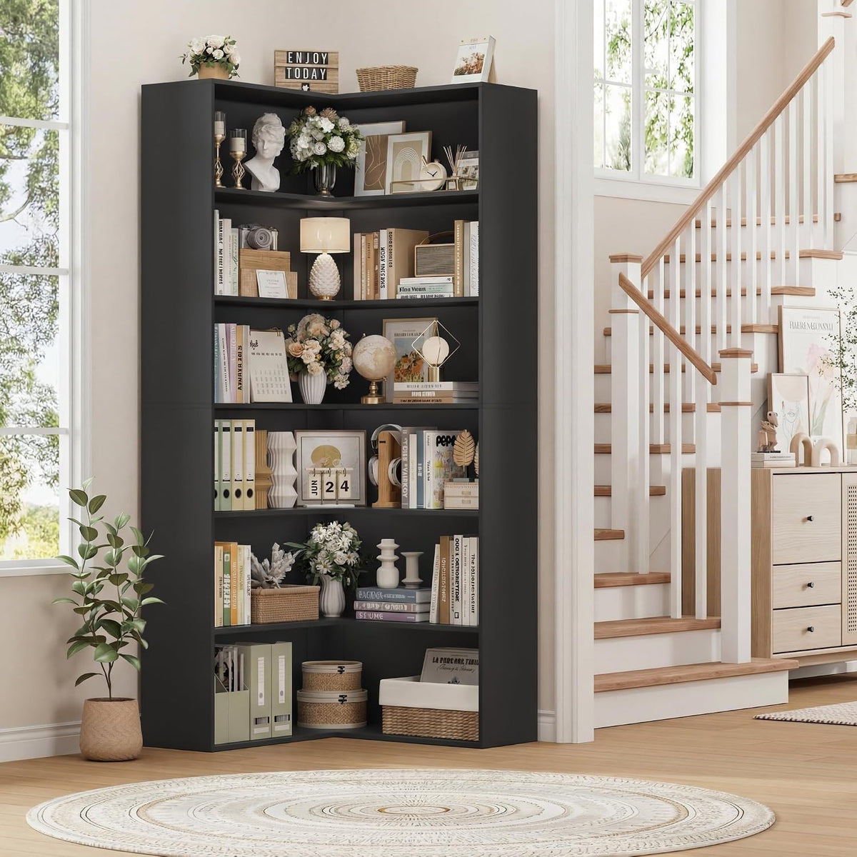 Black 6‑Tier L‑Shaped Corner Bookshelf