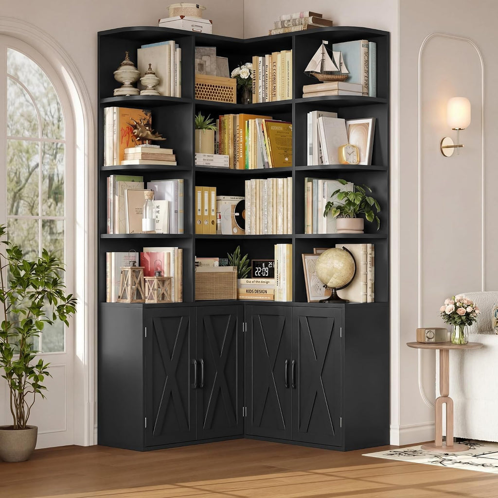 Black Farmhouse Tall Corner Bookshelf with Doors