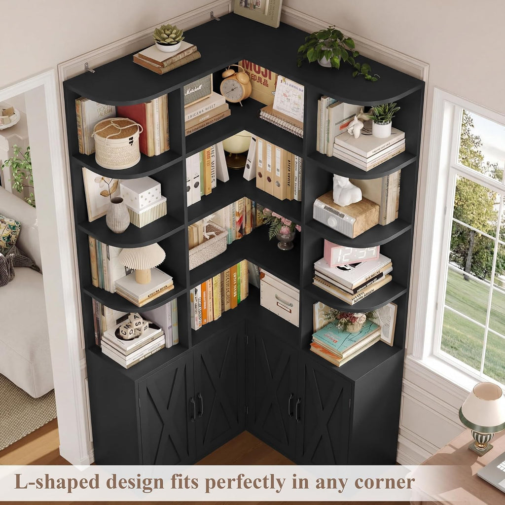 Black Farmhouse Tall Corner Bookshelf with Doors