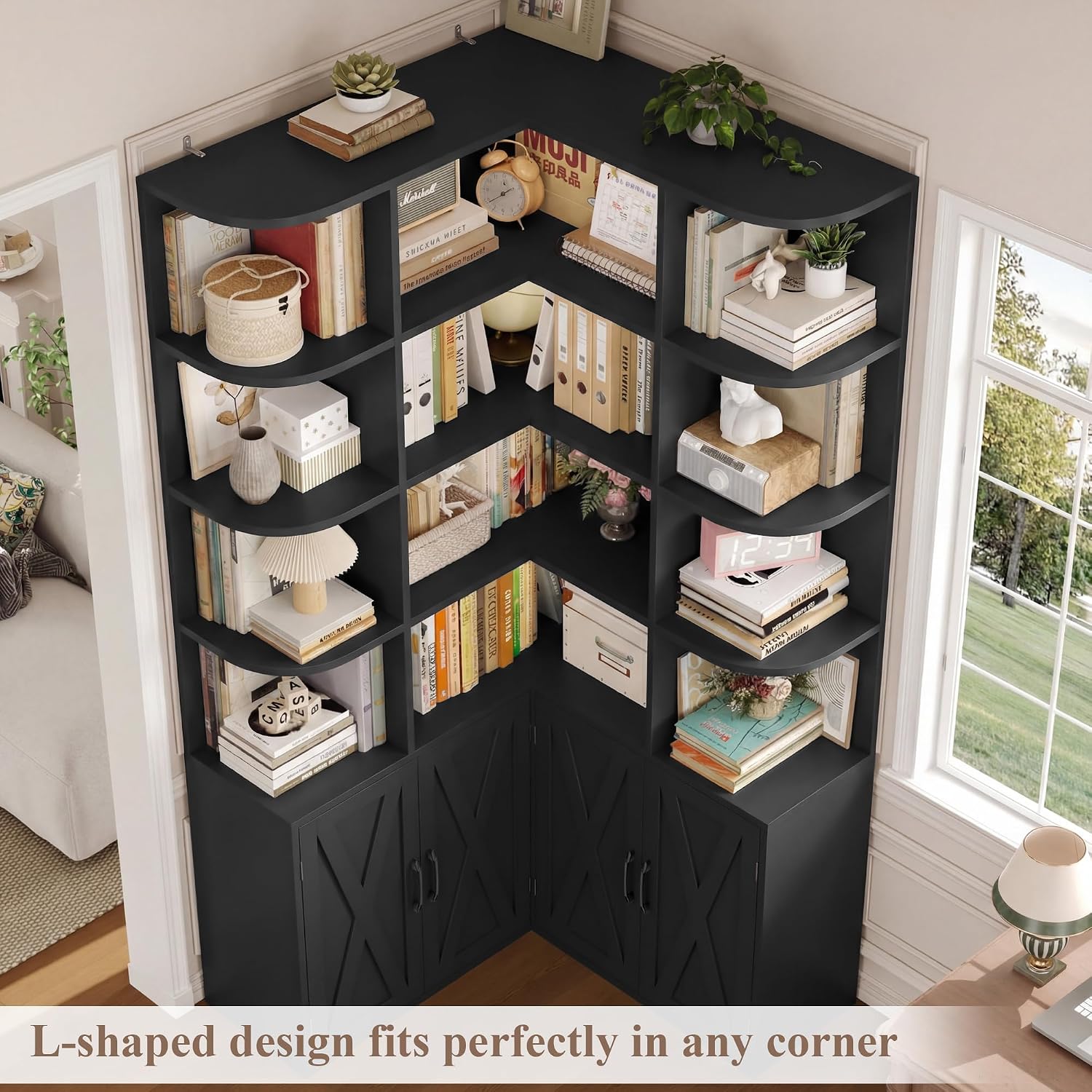 Black Farmhouse Tall Corner Bookshelf with Doors