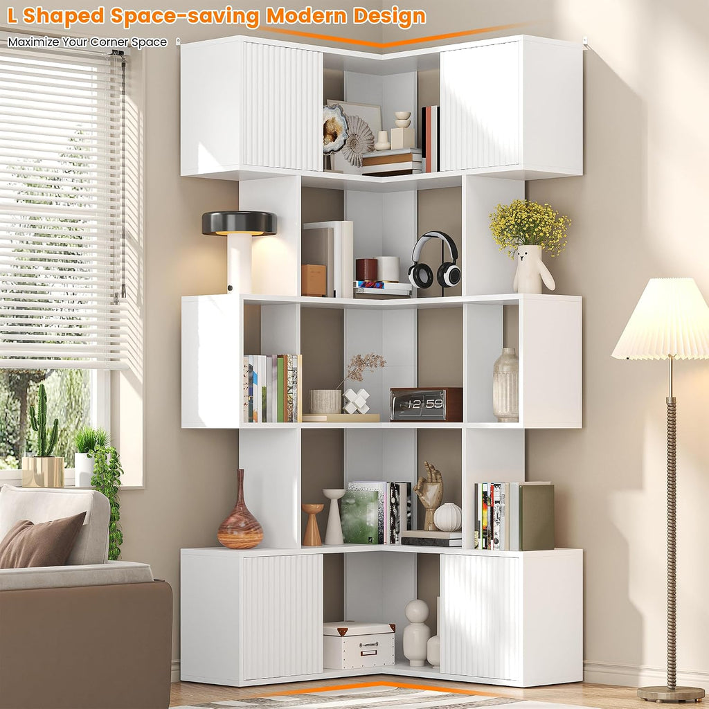 White L‑Shaped 5‑Tier Corner Cube Bookshelf