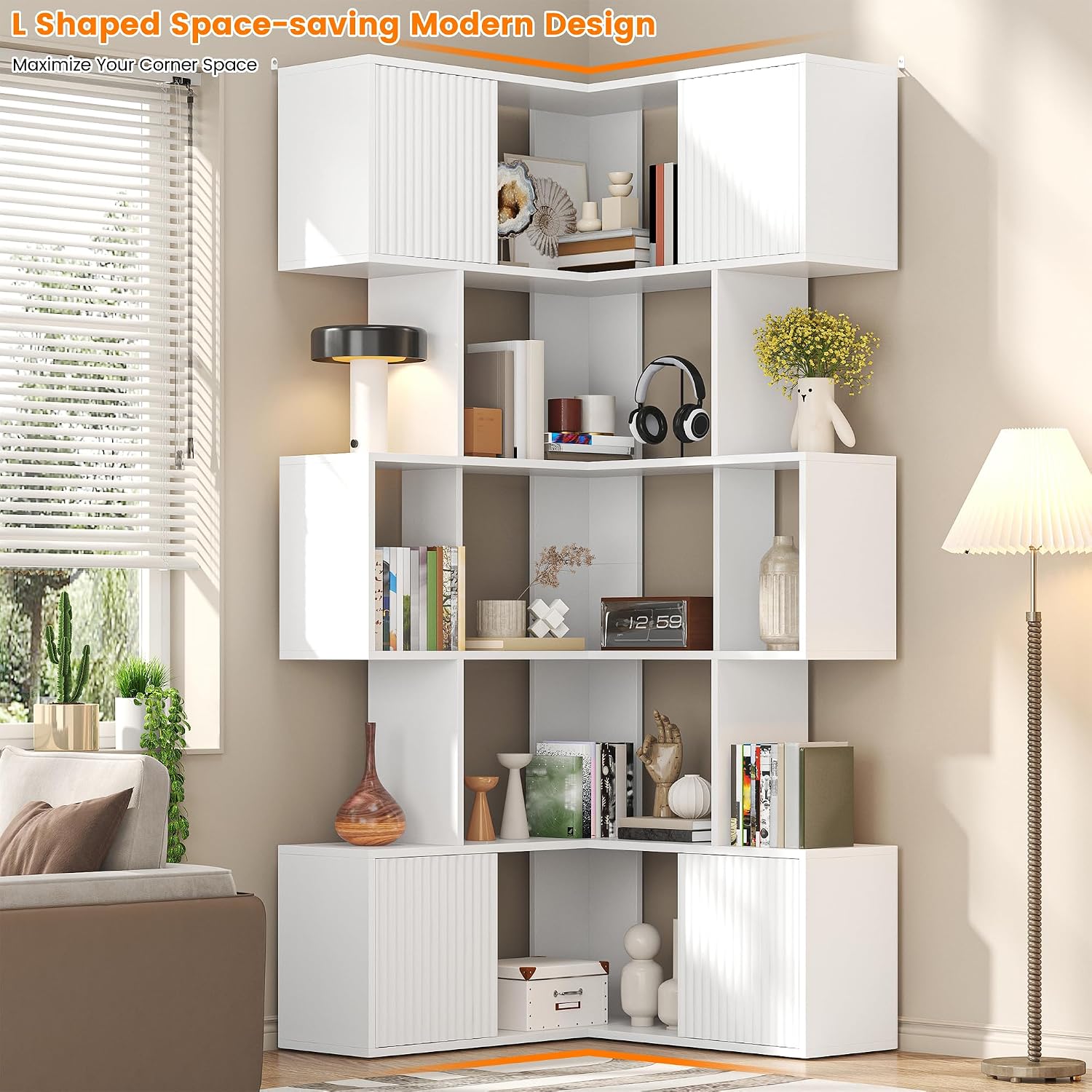 White L‑Shaped 5‑Tier Corner Cube Bookshelf