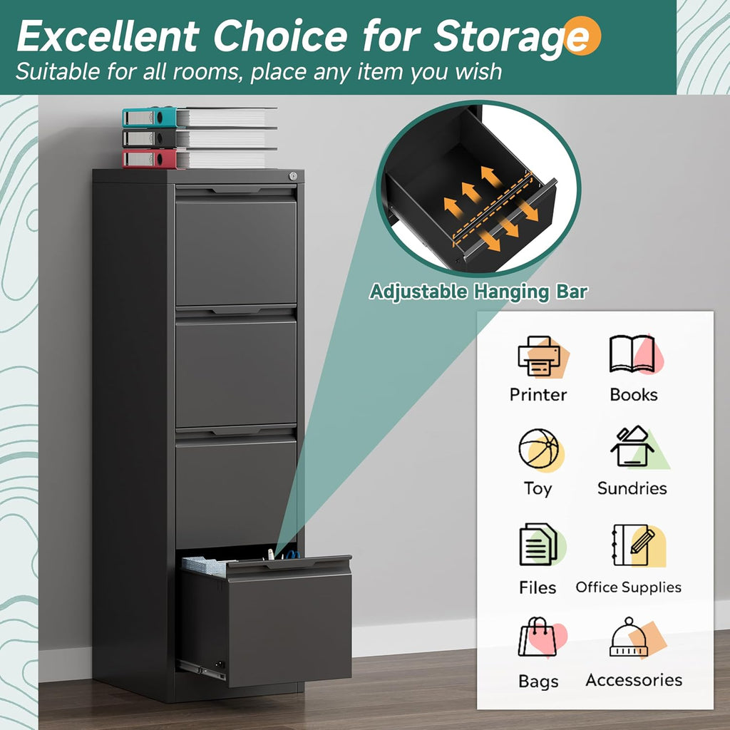 Black Lockable Metal 4‑Drawer Vertical File Cabinet