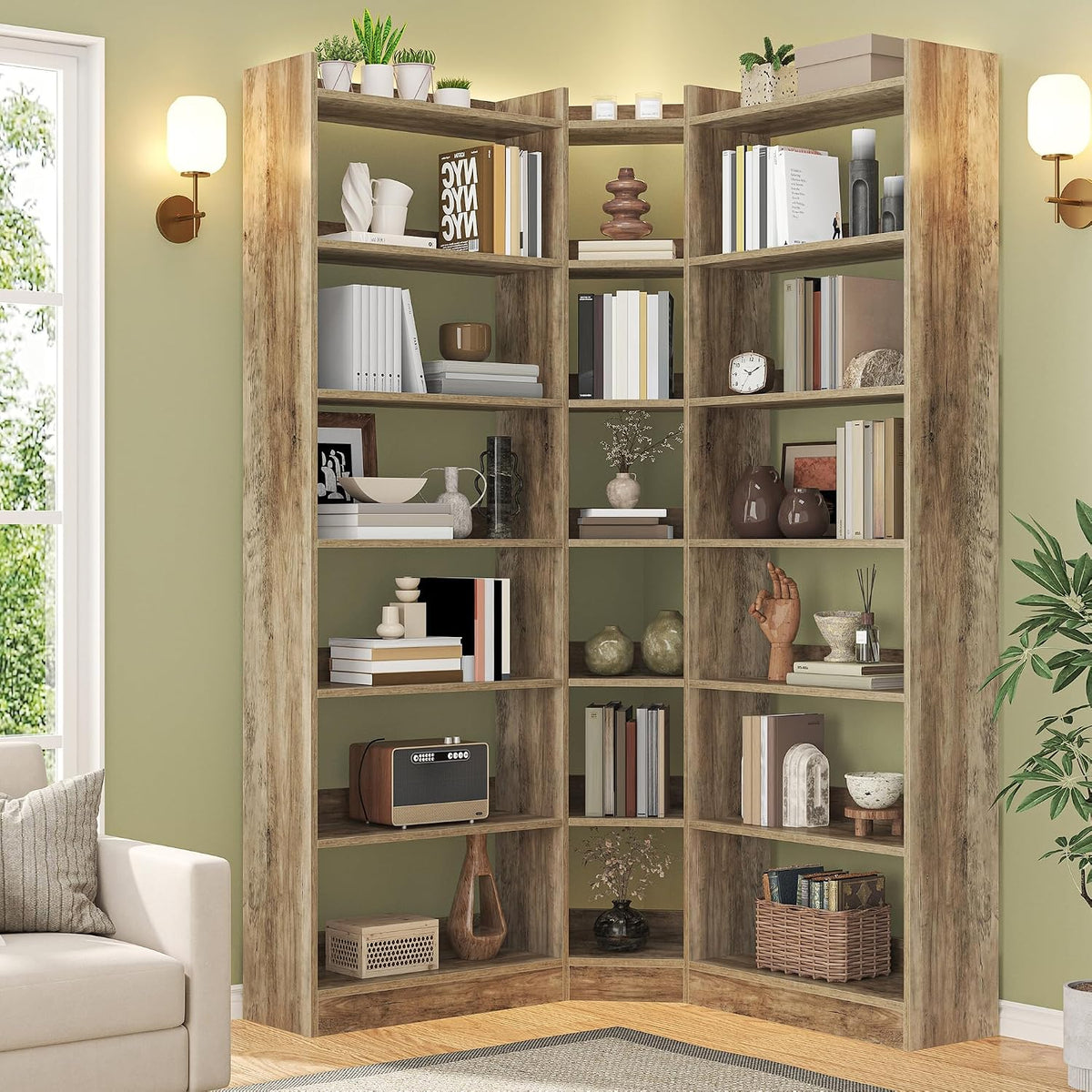 Brown Industrial 7‑Tier L‑Shaped Corner Bookshelf with Baffles