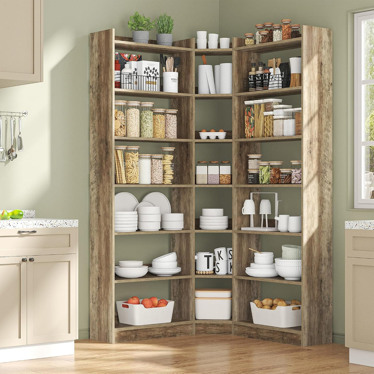 Brown Industrial 7‑Tier L‑Shaped Corner Bookshelf with Baffles