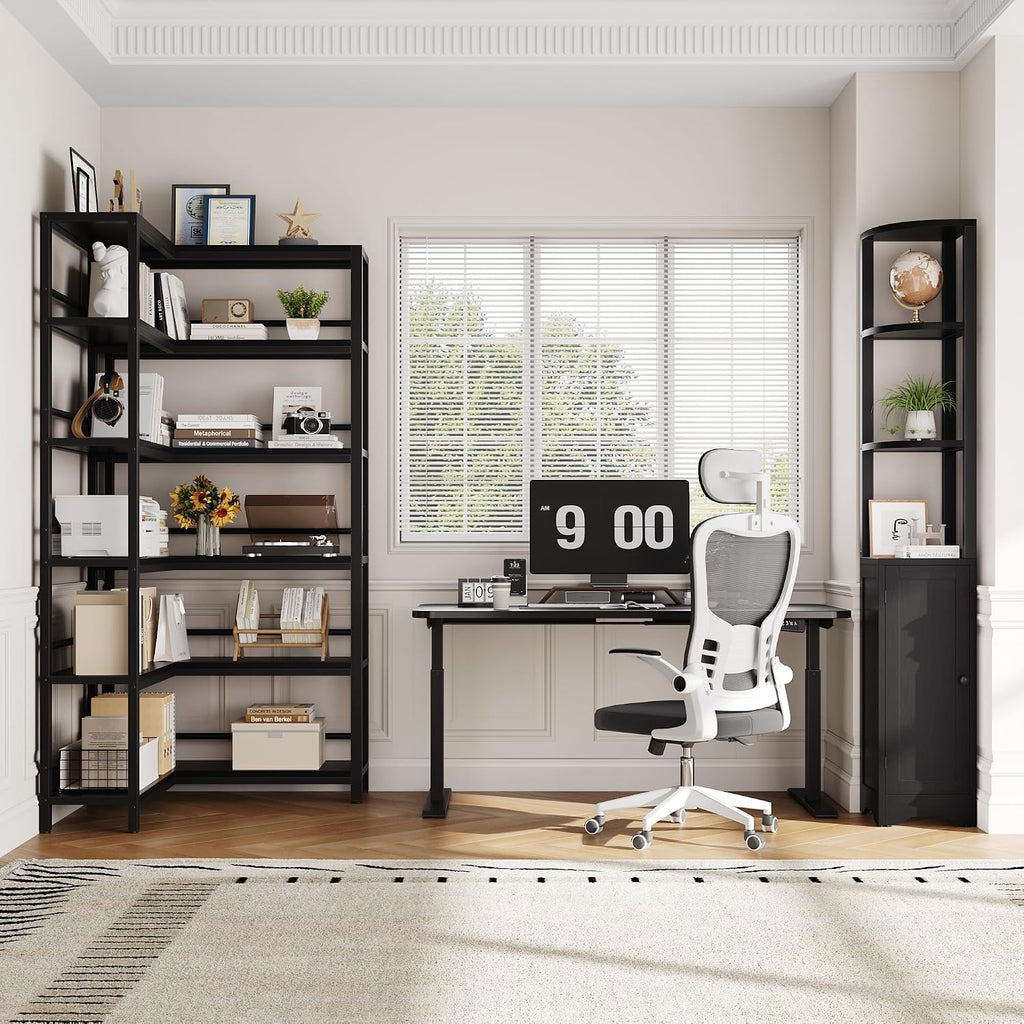 Black Reversible 6‑Tier L‑Shaped Corner Bookshelf with Cabinet